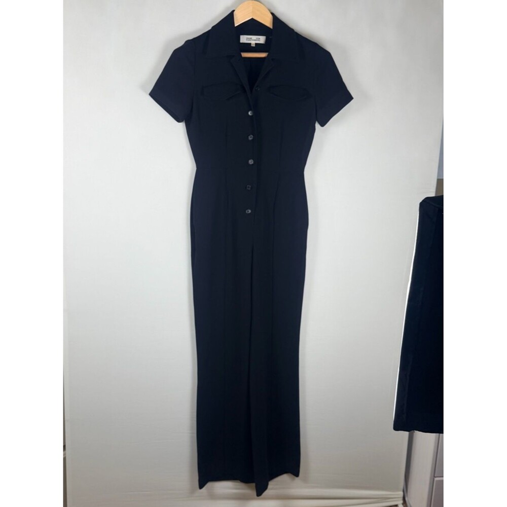 Diane Von Furstenberg Jumpsuit Sz 2 Black Wide Leg Button Front Collared Chic